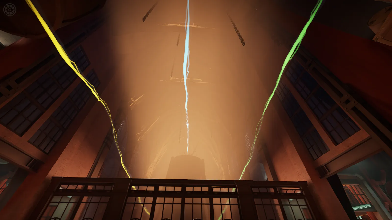 The Yellow, Blue, and Green ziplines extending across the lanes